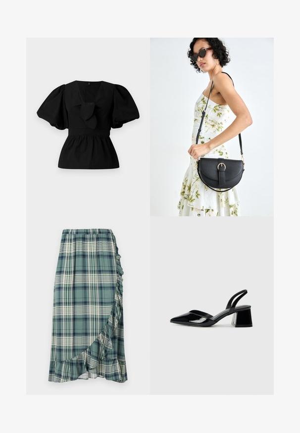 Fekete pamut blúz V nyakkivágással, puffos ujjakkal és derékon megkötős díszítéssel. A felső rész ráncolt a peplum forma érdekében.; Zöld és tengerészkék kockás szoknya, fodros aljjal és rugalmas derékkal. Az anyag sima tapintású, különböző kockás mintákkal.; Fekete lakk bőr szandálkés magas sarkú cipő, hegyes orral és geometrikus tömbsarkakkal. Karcsú, minimalista dizájn és sima textúra jellemzi.; Fekete bőrtáska ívelt formával, levehető pánttal és arany színű fémrészekkel. A táskán egy csattal díszített fedél található.