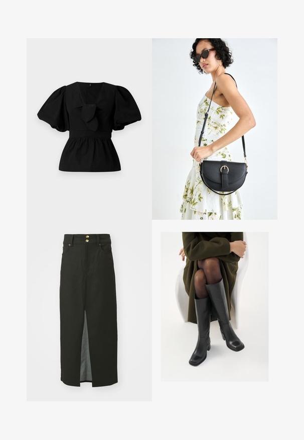Fekete pamut blúz V nyakkivágással, puffos ujjakkal és derékon megkötős díszítéssel. A felső rész ráncolt a peplum forma érdekében.; Fekete farmer szoknya magas derékkal, két arany gombbal záródik, elöl hasítékos, és oldalsó zsebekkel rendelkezik. Simább textúrával és térd középig érő dizájnnal készült.; Térdfelett érő fekete bőr csizmák négyzet alakú orral és tömbtalppal, olajzöld kabátban ülő modellel bemutatva. Simaság, minimalista részletezés.; Fekete bőrtáska ívelt formával, levehető pánttal és arany színű fémrészekkel. A táskán egy csattal díszített fedél található.