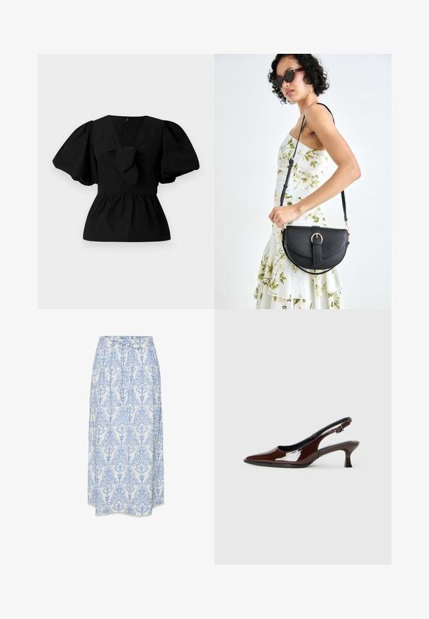 Blusa de algodão preta com decote em V, mangas bufantes e um detalhe atado na cintura. O corpete é pregueado para criar uma forma de peplum.; Saia branca com padrão floral azul, com pregas e um detalhe de rendinha ao longo da bainha. Feita de tecido leve, com uma cintura atada.; Sapato slingback em pele sintética castanha com bico pontiagudo e salto moderado. Apresenta uma fivela para um ajuste seguro. Textura suave.; Bolsa de couro preta com forma curva, alça destacável e detalhes em dourado. A bolsa possui uma aba com detalhe de fivela.