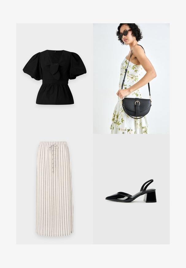 Fekete pamut blúz V nyakkivágással, puffos ujjakkal és derékon megkötős díszítéssel. A felső rész ráncolt a peplum forma érdekében.; Világos bézs vászon szoknya függőleges sötét csíkokkal, elasztikus derékpánttal és zsinórral. Oldalsó hasítékkal rendelkezik a szegélyén, amely megkönnyíti a mozgást.; Fekete lakk bőr szandálkés magas sarkú cipő, hegyes orral és geometrikus tömbsarkakkal. Karcsú, minimalista dizájn és sima textúra jellemzi.; Fekete bőrtáska ívelt formával, levehető pánttal és arany színű fémrészekkel. A táskán egy csattal díszített fedél található.