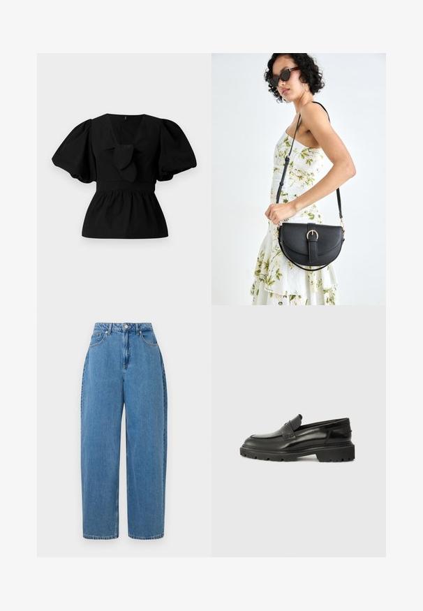 Černá bavlněná blůza se V-výstřihem, balónovými rukávy a ozdobným vázáním v oblasti pasu. Hrudník je nařasený, což vytváří peplum tvar.; Světlemodré džíny s rovnými nohavicemi, vysokým pasem a předním zapínáním na knoflík. Mají pět kapes a minimální výšivkové detaily.; Černé kožené nazouvací boty s kulatou špičkou, silnou texturovanou podrážkou a jemným prošitím. Obsahují malé logo na zadní straně.; Černá kožená kabelka s křivkovým tvarem, odnímatelným popruhem a zlatými detaily. Kabelka má klopu s přezkou.
