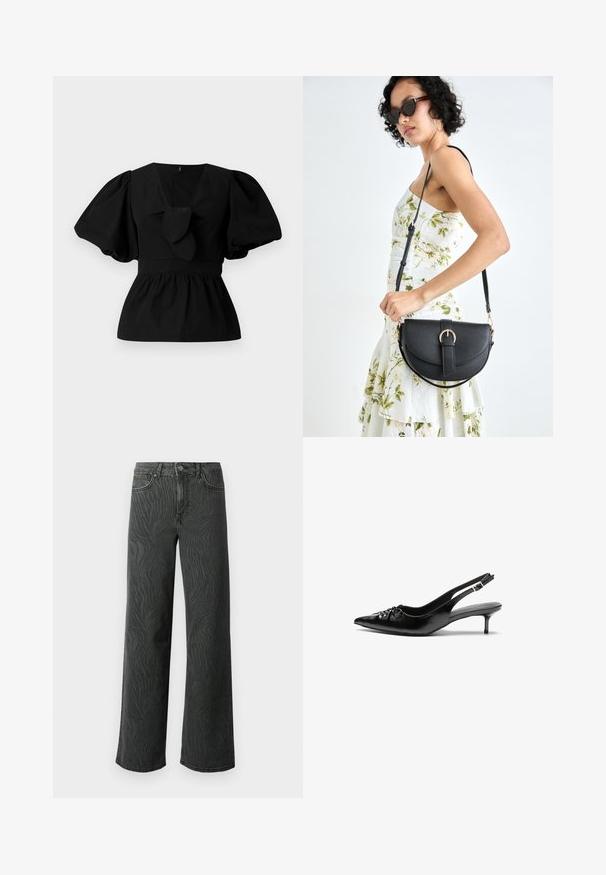 Blusa de algodón negra con escote en V, mangas abullonadas y un lazo en la cintura. El pecho está fruncido para dar forma de peplum.; Jeans de pierna ancha en denim gris oscuro, con una sutil textura de patrón de cebra, costuras en contraste y un diseño de cinco bolsillos con cierre de botón.; Tacones slingback de cuero negro con punta afilada, pequeño tacón kitten y un detalle de nudo decorativo en la parte frontal. Textura suave en toda la superficie.; Bolso de piel negra con forma curva, correa desmontable y herrajes dorados. El bolso cuenta con una solapa con un detalle de hebilla.