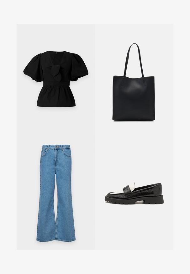 Must mustritud musta puuvillane pluus, millel on V-kaelus, puffvarrukad ja sõlmeaksent vööl. Bodice on kogutud, et luua peplumi kuju.; Heledad sinine flared teksade rõivad, millel on kõrge talje, viis taskut ja üks nupulukk. Pehme tekstuur ja pleekinud viimistlus.; Mustvalged nahast loaferid musta ja valgega, tekstureeritud ülemise osa, ümar toe ja jämeda musta kummitald, millel on mustri mustriga.; Mustast nahast kott sujuva tekstuuriga, ristkülikukujuline ja kahe pika sangaga. Pole nähtavat riistvara ega kaunistusi.