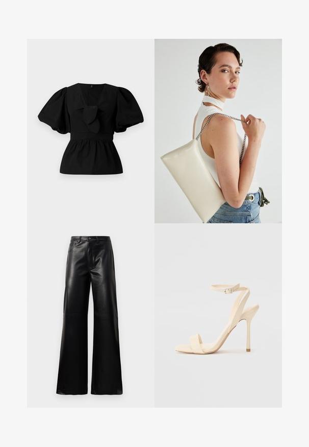 Blusa de algodón negra con escote en V, mangas abullonadas y un lazo en la cintura. El pecho está fruncido para dar forma de peplum.; Pantalones de imitación de cuero negros de cintura alta y pierna ancha con botón frontal, cierre de cremallera, pasadores para cinturón y bolsillos laterales sobre fondo blanco.; Sandalia de tacón alto beige con una delgada correa en el tobillo y puntera cuadrada. Material sintético suave, diseño minimalista y tacón de aguja.; Bolso de mano rectangular blanco, hecho de un material brillante, con una cadena plateada. La modelo posa, mostrando el bolso frente a un fondo liso.