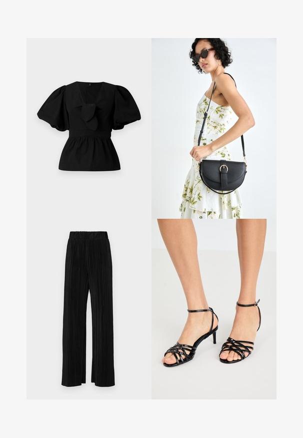 Bluză neagră din bumbac cu decolteu în V, mâneci tip puff și accent cu funda în talie. Bustul este adunat pentru un aspect peplum.; Pantaloni negri plisati cu talie elastică. Prezintă picioare largi și un material neted, texturat, cu dungi verticale.; Sandale cu toc înalt, negre, cu curea subțire și textură lucioasă. Curea pentru gleznă cu cataramă. Design cu vârful deschis, prezentând detalii în cruce.; Geantă din piele neagră, cu o formă curbată, curea detașabilă și accesorii aurii. Geanta are un capac cu un detaliu tip cataramă.