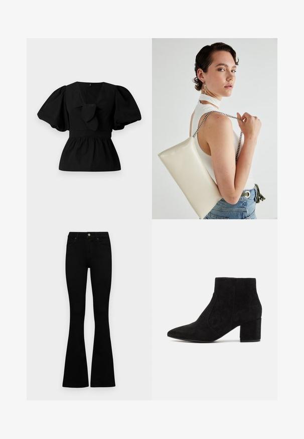 Blusa de algodão preta com decote em V, mangas bufantes e um detalhe atado na cintura. O corpete é pregueado para criar uma forma de peplum.; Jeans pretos de cintura alta com fecho de botão e zíper, bolsos frontais e pernas largas dispostos em cima de um fundo branco.; Botas de tornozelo em camurça preta com bico fino e salto bloco. O design é elegante, com painéis laterais sem emendas, criando um visual minimalista.; Bolsa de mão retangular branca, feita de material brilhante, com uma alça em corrente prateada. Modelo posa, exibindo a bolsa contra um fundo simples.