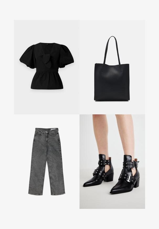 Blusa nera in cotone con scollatura a V, maniche a sbuffo e dettaglio con fiocco in vita. Il busto è arricciato per una forma a peplo.; Jeans dritti a vita alta neri lavati, con tasche frontali, passanti per la cintura, chiusura con bottone e etichetta interna con brand.; Stivali neri in pelle fino alla caviglia con punte appuntite, dotati di occhielli e due cinturini regolabili con fibbie. I tacchi a blocco offrono stabilità.; Borsa tote in pelle nera con texture liscia, forma rettangolare e due manici lunghi. Nessun hardware o decorazione visibile.