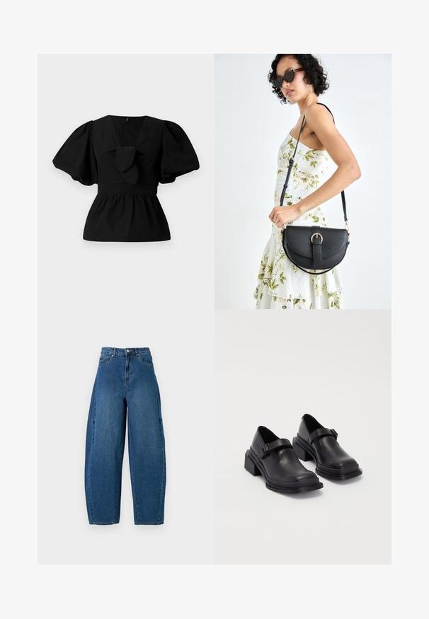 Bluză neagră din bumbac cu decolteu în V, mâneci tip puff și accent cu funda în talie. Bustul este adunat pentru un aspect peplum.; Jeans din denim cu o nuanță medie de albastru, având talie înaltă, tăietură cu picioare largi și un design standard cu cinci buzunare, cu detalii de cusătură vizibile.; Pantofi din piele neagră cu vârf rotunjit, talpă plată și o curea cu detaliu de cataramă. Toc gros pentru o stabilitate suplimentară.; Geantă din piele neagră, cu o formă curbată, curea detașabilă și accesorii aurii. Geanta are un capac cu un detaliu tip cataramă.