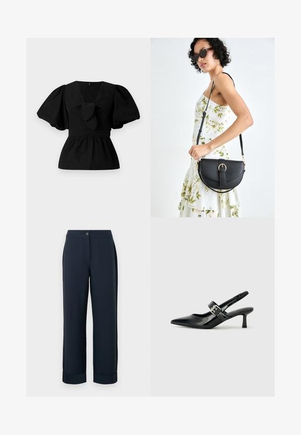 Črna bombažna bluzica z V-izrezom, nabranimi rokavi in veznim poudarkom v pasu. Bodice je nabrana za peplumski kroj.; Mornarsko modri hlače z oblečeno krojenjem in ravnim rezom, z gumbom za zapiranje in zavihanimi robovi, izdelane iz gladkega, lahkotnega materiala.; Črne patent usnjene slingback pete s koničastim nosom in majhnim blok peto, ki vključujejo srebrno zaponko na traku.; Črna usnjena torbica s ukrivljeno obliko, z odstranljivo naramnico in zlatimi dodatki. Torbica ima pokrov s podrobnostmi v obliki zaponke.