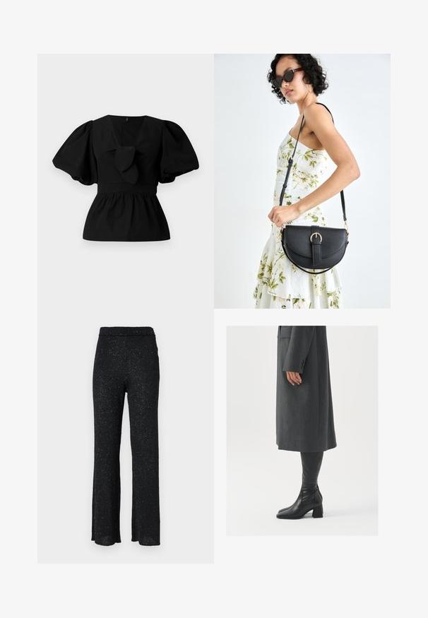 Fekete pamut blúz V nyakkivágással, puffos ujjakkal és derékon megkötős díszítéssel. A felső rész ráncolt a peplum forma érdekében.; Fekete, csillogó kötött, bő szabású nadrág, rugalmas derékkal; puha tapintású, finom csillogó részletekkel az egész anyagon.; Szürke, szabott overál, egyenes vonallal; térd fölé érő fekete bőrcsizmákkal párosítva, négyzetes orral és vastag sarokkal.; Fekete bőrtáska ívelt formával, levehető pánttal és arany színű fémrészekkel. A táskán egy csattal díszített fedél található.