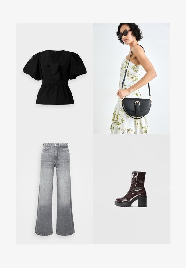 Bluză neagră din bumbac cu decolteu în V, mâneci tip puff și accent cu funda în talie. Bustul este adunat pentru un aspect peplum.; Jeans largi din denim gri cu un gradient de la deschis la închis, prezentând o talie înaltă, design cu cinci buzunare și o închidere clasică cu buton.; Botine lucioase burgundy, cu toc gros negru, având o textură netedă și un design simplu. Fără închideri sau modele vizibile.; Geantă din piele neagră, cu o formă curbată, curea detașabilă și accesorii aurii. Geanta are un capac cu un detaliu tip cataramă.