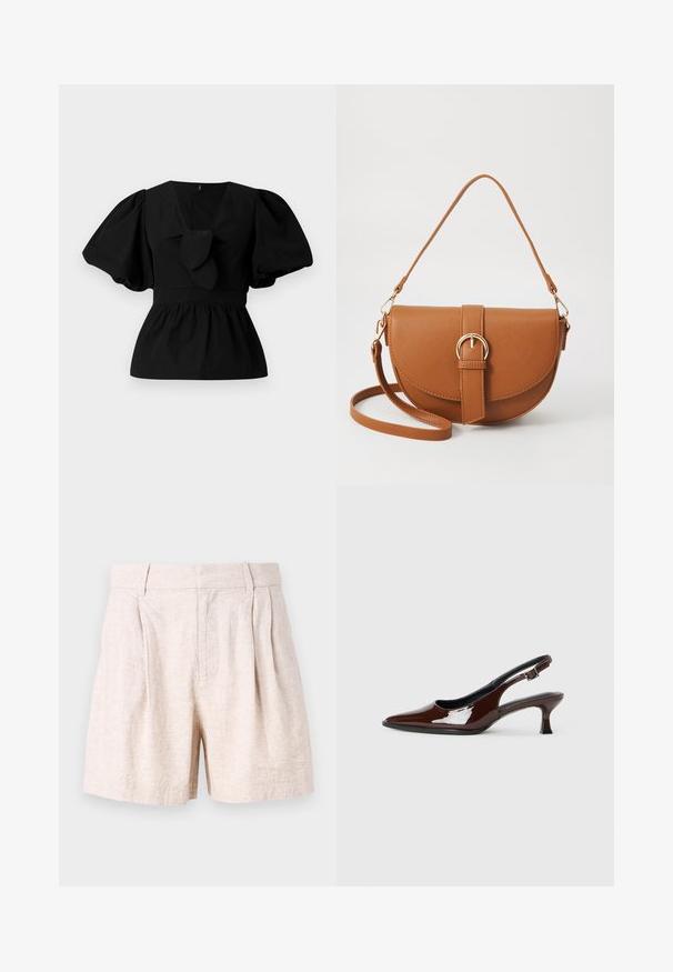 Bluză neagră din bumbac cu decolteu în V, mâneci tip puff și accent cu funda în talie. Bustul este adunat pentru un aspect peplum.; Shorts beige din in, cu o croială lejeră, având pliseuri în față, buzunare laterale și o textură netedă. Design simplu, fără modele.; Pantofii slingback din piele patent maro, cu vârful ascuțit și un toc moderat. Prezintă o curea cu prindere pentru o potrivire sigură. Textură netedă.; Geantă din piele maro, tip crossbody, cu o formă curbată, accesorii aurii și un accent cu cataramă. Dispune de un curea de umăr detașabilă.