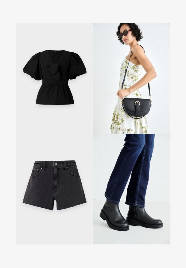 Blouse en coton noir avec un col en V, des manches bouffantes et un détail à nouer à la taille. Le corsage est froncé pour une forme peplum.; Shorts en denim noir avec taille haute, ourlet effiloché, poches avant et rivets couleur cuivre. Texture lisse et coupe classique.; Bottines en cuir noir avec une semelle épaisse et des panneaux élastiques sur les côtés, associées à un jean bleu foncé. Le sol est de couleur claire.; Sac à main en cuir noir avec une forme courbée, bandoulière amovible et des accessoires en or. Le sac est doté d'un rabat avec un détail de boucle.