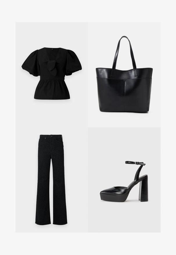 Blusa de algodão preta com decote em V, mangas bufantes e um detalhe atado na cintura. O corpete é pregueado para criar uma forma de peplum.; Jeans pretos de cintura alta com um padrão subtil de estampado de leopardo, pernas largas e retas, botão frontal e bolsos.; Saltos altos pretos com bico fino e atilho ajustável no tornozelo. Confeccionados em couro suave, apresentam um salto bloco robusto.; Bolsa tote preta em couro com duas alças longas, textura suave e forma estruturada. Apresenta um bolso frontal para armazenamento adicional.