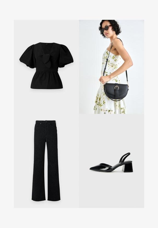 Blusa de algodão preta com decote em V, mangas bufantes e um detalhe atado na cintura. O corpete é pregueado para criar uma forma de peplum.; Jeans pretos de cintura alta com um padrão subtil de estampado de leopardo, pernas largas e retas, botão frontal e bolsos.; Sandy em verniz preto com salto slingback, ponta afilada e salto geométrico. Apresenta um design elegante e minimalista com textura suave.; Bolsa de couro preta com forma curva, alça destacável e detalhes em dourado. A bolsa possui uma aba com detalhe de fivela.