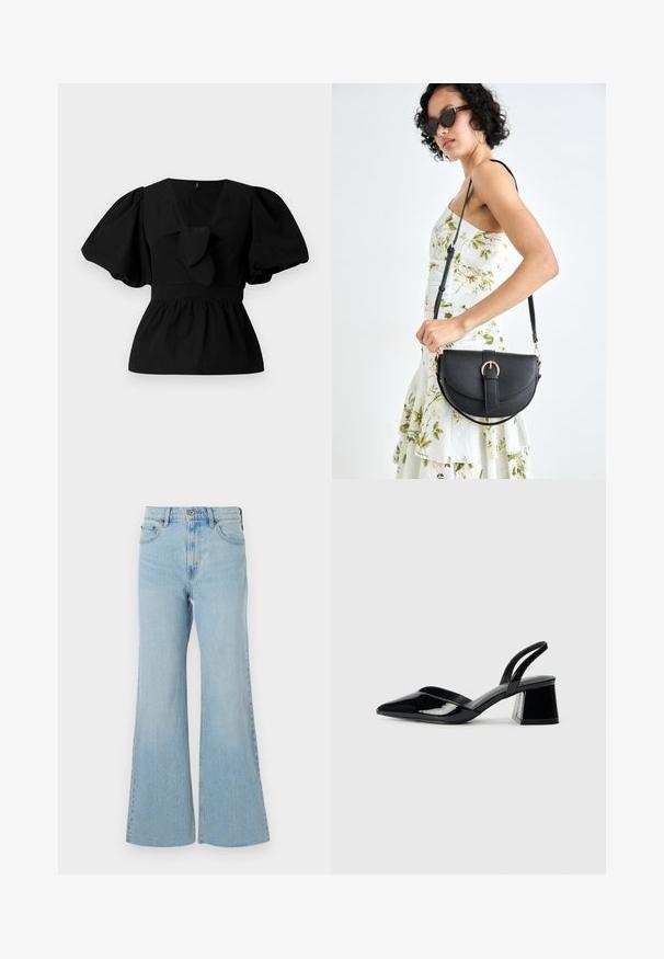 Black cotton blouse featuring a V-neck, puff sleeves, and a tie accent at the waist. The bodice is gathered for a peplum shape.; Light blue denim flared jeans with a high waist, featuring a classic button and zipper closure, and slight fading throughout the fabric.; Black patent leather slingback heels with a pointed toe and a geometric block heel. Features a sleek, minimal design and smooth texture.; Black leather handbag with a curved shape, detachable strap, and gold hardware. The bag features a flap with a buckle detail.