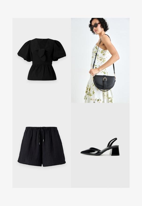 Black cotton blouse featuring a V-neck, puff sleeves, and a tie accent at the waist. The bodice is gathered for a peplum shape.; Black cotton shorts with a textured, crinkled finish. Features an elastic waistband and adjustable drawstring for comfort and fit.; Black patent leather slingback heels with a pointed toe and a geometric block heel. Features a sleek, minimal design and smooth texture.; Black leather handbag with a curved shape, detachable strap, and gold hardware. The bag features a flap with a buckle detail.