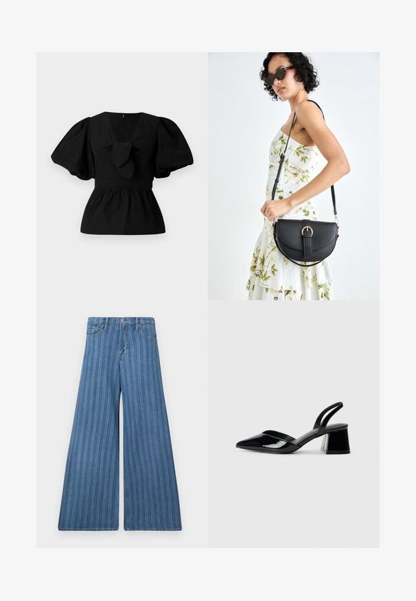 Melnas kokvilnas blūze ar V-veida kakla izgriezumu, puffam līdzīgām piedurknēm un saites akcentu viduklī. Krūšu daļa ir savākta, veidojot pepluma siluetu.; Plaša kāju džinsi vidēji zilā denima krāsā ar vertikālām svītrām, ar pogu aizdari, piecām kabatām un izšūtu detalizāciju gar šuvēm.; Melna lakota āda ar atvērto papēdi, ar smailu purngalu un ģeometrisku blokpapēdi. Iezīmējas elegants, minimāls dizains un gluda tekstūra.; Melnas ādas rokassoma ar izliekta formu, noņemamu siksnu un zelta aksesuāriem. Somai ir vāciņš ar sprādzes detaļu.