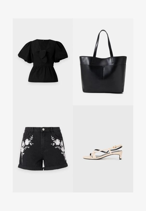 Fekete pamut blúz V nyakkivágással, puffos ujjakkal és derékon megkötős díszítéssel. A felső rész ráncolt a peplum forma érdekében.; Fekete farmer rövidnadrág, felhajtott szegéllyel, fehér virágos hímzéssel mindkét oldalon, öt zsebes kialakítással és ezüst színű gombos záródással.; Beige bőr női szandál, keresztpántos kialakítással, alacsony sarokkal és fekete kiegészítőkkel. Simogató tapintás és minimál stílus.; Fekete bőr bevásárlótáska két hosszú fogantyúval, sima felülettel és strukturált formával. Elülső zseb található rajta a plusz tárolás érdekében.