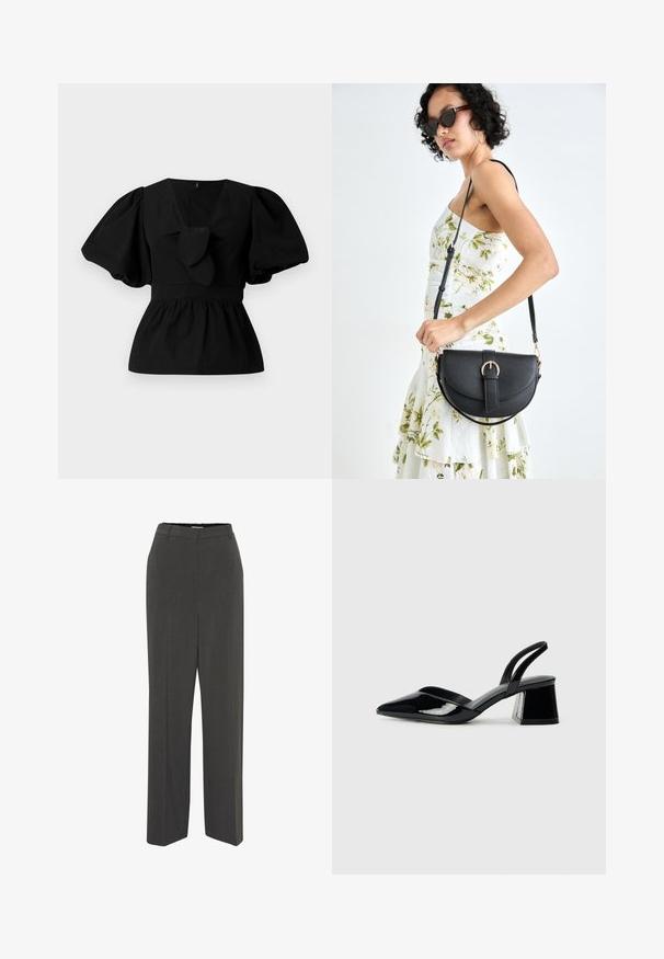 Juoda medvilninė bliuska su V formos iškirpte, pūstomis rankovėmis ir juosmens raiščiu. Viršutinė dalis suglebusi, sukurianti peplumo formą.; Pilki pritaikyti kelnių su tiesiu priekiniu dizainu, tiesiomis kojomis, lygiu paviršiumi ir be matomų raštų ar puošmenų. Aukštas liemuo.; Juodos lakuotos odinės šlepetės su smailiu pirštu ir geometriniu bloko kulnu. Turi elegantišką, minimalistinį dizainą ir lygų paviršių.; Juodas odinis krepšys su išlenkta forma, nuimamu dirželiu ir auksiniais detalėmis. Krepšys turi kilpą su sagtimi.