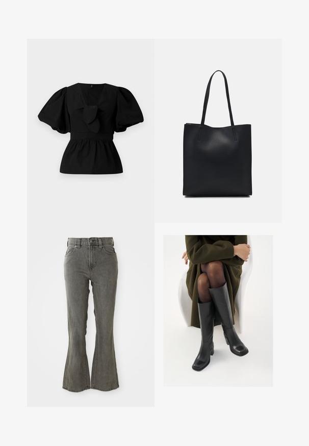 Svart bomullsblus med V-hals, puffärmar och en knytaccent i midjan. Bodyn är skrynklad för en peplumform.; Grå denimjeans med hög midja, bältesöglor, fem fickor och en mjuk, strukturerad yta.; Knähöga svarta läderstövlar med fyrkantig tå och klack i blockmodell, visade med en modell sittande i en olivgrön kappa. Slät textur, minimal detaljering.; Svart lädertoffelväska med slät textur, rektangulär form och två långa handtag. Ingen synlig hårdvara eller dekorationer.