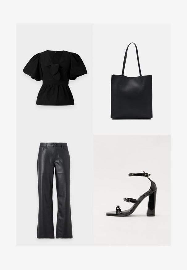 Bluză neagră din bumbac cu decolteu în V, mâneci tip puff și accent cu funda în talie. Bustul este adunat pentru un aspect peplum.; Pantaloni din piele neagră cu un design evazat, având buzunare frontale, bucle pentru curea și închidere cu nasture. Textură netedă cu cusături vizibile.; Sandale cu toc din patent negru, cu vârf pătrat, curele la gleznă și catarame din argint. Dispune de un toc gros pentru stabilitate.; Geantă tote neagră din piele, cu textură netedă, formă rectangulară și două mânere lungi. Fără hardware vizibil sau ornamente.