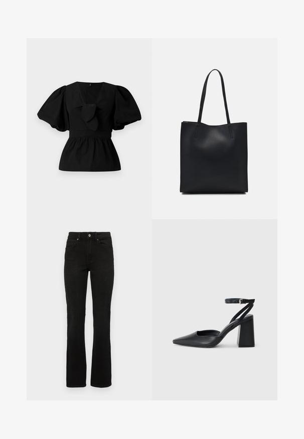 Čierna bavlnená blúzka s výstrihom do V, s balónovými rukávmi a viazaním v oblasti pásu. Hrudník je zhrnutý pre peplum tvar.; Čierne rifľové nohavice s rozšíreným strihom, stredne vysokým pásom, piatimi vreckami a zapínaním na gombík. Materiál má hladkú, pevnú textúru.; Čierne kožené lodičky s špicatou špičkou a členkovým remienkom, s masívnym podpätkom. Hladký povrch, elegantný dizajn a minimalistická estetika.; Čierna kožená taška na rameno s hladkým povrchom, obdĺžnikovým tvarom a dvoma dlhými uchami. Bez viditeľného kovania alebo ozdôb.