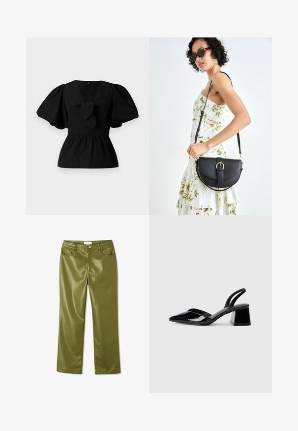 Must mustritud musta puuvillane pluus, millel on V-kaelus, puffvarrukad ja sõlmeaksent vööl. Bodice on kogutud, et luua peplumi kuju.; Oliivroheline, kõrge talje ja kunstnahast püksid sujuva tekstuuriga, nelja tasku ja eest nööbiga kinni. Sirge lõike disain.; Mustad musta lakknahk kingad, millel on terav varvas ja geomeetriline plokkkonts. Omab elegantselt minimalistlikku disaini ja sujuvat tekstuuri.; Mustmust mustraha kõverate joontega, eemaldatava rihmaga ja kuldsete detailidega. Kotil on klapp, millel on pandladetail.