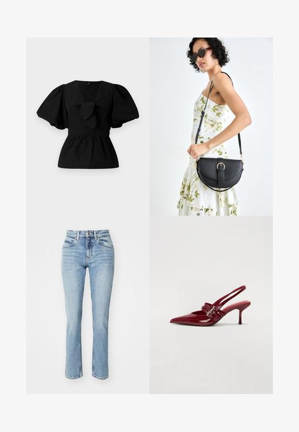 Blusa de algodão preta com decote em V, mangas bufantes e um detalhe atado na cintura. O corpete é pregueado para criar uma forma de peplum.; Jeans de ganga de tons azul claros com cintura alta, corte reto e desvanecimentos subtis. Apresenta o clássico estilo de cinco bolsos e fecho por botão.; Sapatos de salto slingback em verniz vermelho, com bico fino, duas tiras com fivela e um salto stiletto fino de altura média. Textura suave.; Bolsa de couro preta com forma curva, alça destacável e detalhes em dourado. A bolsa possui uma aba com detalhe de fivela.