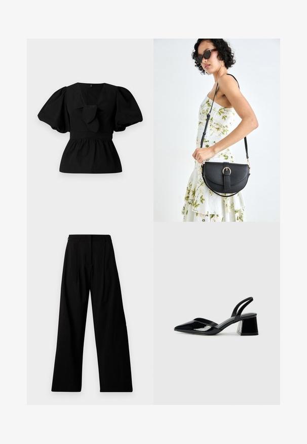Svart bomullsblus med V-hals, puffärmar och en knytaccent i midjan. Bodyn är skrynklad för en peplumform.; Breda svarta byxor med hög midja, med veck, dold framknäppning och minimal märkning på vänster ben.; Svarta lackläder slingback klackar med spetsig tå och geometrisk klack. Har en elegant, minimalistisk design och slät yta.; Svart läderhandväska med en böjd form, avtagbar rem och guldiga detaljer. Väskan har ett lock med en spänndetalj.