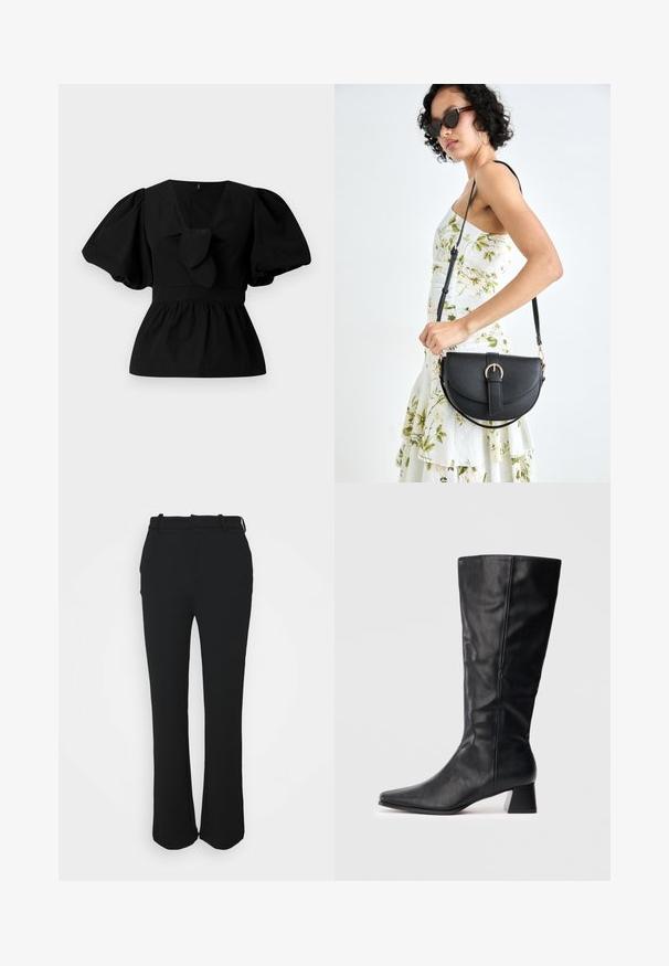 Melnas kokvilnas blūze ar V-veida kakla izgriezumu, puffam līdzīgām piedurknēm un saites akcentu viduklī. Krūšu daļa ir savākta, veidojot pepluma siluetu.; Melnas, pielāgotas bikses ar gludu apdari, taisna kāju dizains un vidukļa josla. Iezīmējas ar smalkiem izšuvumiem un bez kabatām.; Melnas mid-calf ādas zābakus ar norādītu degunu un blokveida papēdi uz vienkārša gaiša fona.; Melnas ādas rokassoma ar izliekta formu, noņemamu siksnu un zelta aksesuāriem. Somai ir vāciņš ar sprādzes detaļu.