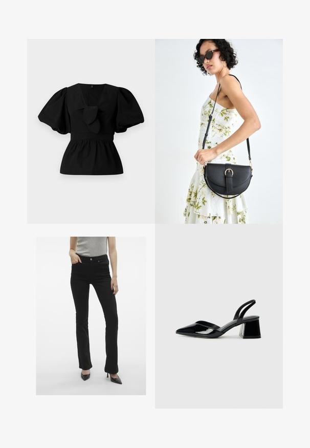Černá bavlněná blůza se V-výstřihem, balónovými rukávy a ozdobným vázáním v oblasti pasu. Hrudník je nařasený, což vytváří peplum tvar.; Černé rozšířené džíny s hladkou texturou, designem se pěti kapsami a kovovým zapínáním, kombinované s špičatými černými podpatky.; Černé lakované kožené lodičky na pásku s špičatou špičkou a geometrickým blokovým podpatkem. Vyznačují se elegantním, minimalistickým designem a hladkým povrchem.; Černá kožená kabelka s křivkovým tvarem, odnímatelným popruhem a zlatými detaily. Kabelka má klopu s přezkou.