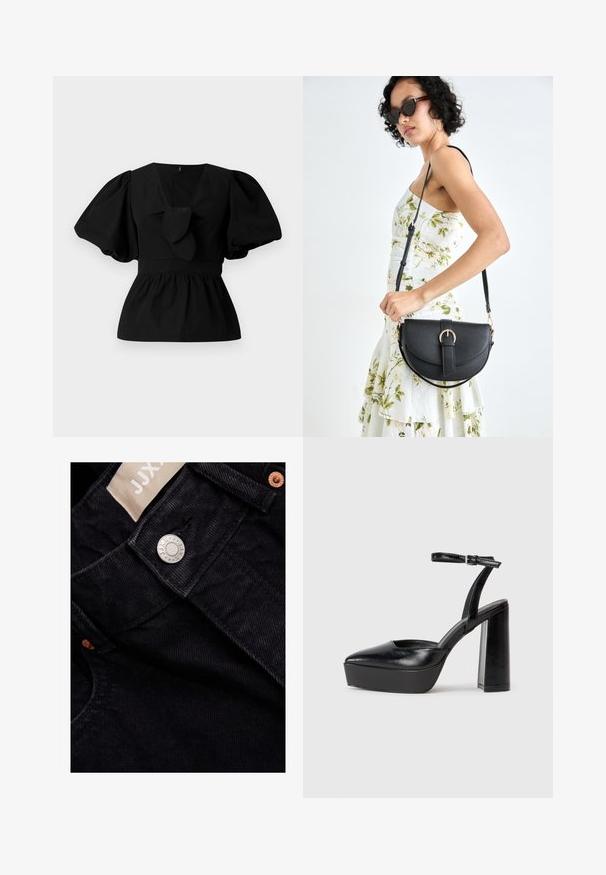 Blusa de algodão preta com decote em V, mangas bufantes e um detalhe atado na cintura. O corpete é pregueado para criar uma forma de peplum.; Jeans de denim preto com uma textura suave, apresentando um fecho de botão prateado, rebites de cobre e uma etiqueta de tecido com a marca "JJX".; Saltos altos pretos com bico fino e atilho ajustável no tornozelo. Confeccionados em couro suave, apresentam um salto bloco robusto.; Bolsa de couro preta com forma curva, alça destacável e detalhes em dourado. A bolsa possui uma aba com detalhe de fivela.