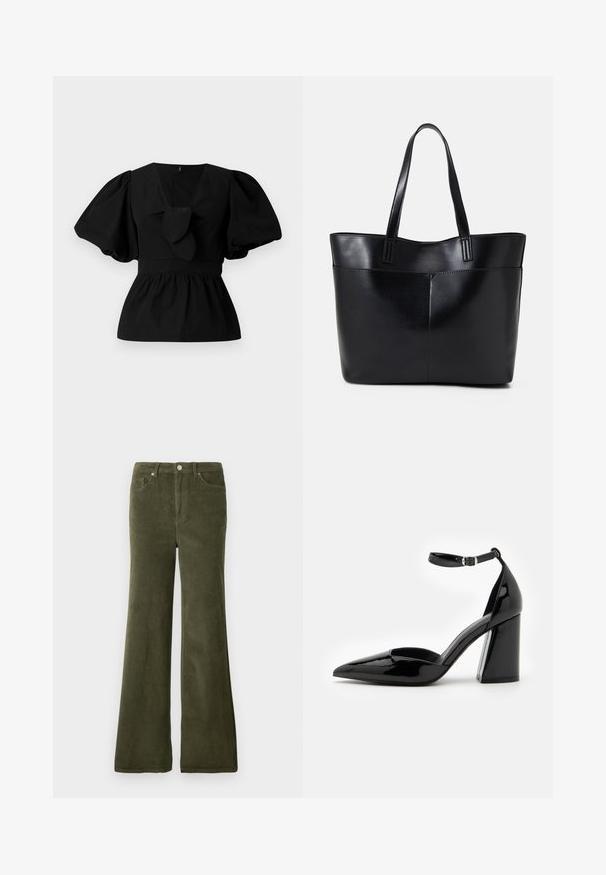 Black cotton blouse featuring a V-neck, puff sleeves, and a tie accent at the waist. The bodice is gathered for a peplum shape.; Olive green corduroy flared pants with a smooth texture, front pockets, and a metal button closure at the waist.; Black patent leather high heel shoe with a pointed toe, ankle strap, and wide block heel for stability, featuring a smooth glossy texture.; Black leather tote bag with two long handles, a smooth texture, and a structured shape. Features a front pocket for additional storage.