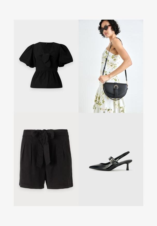 Blusa de algodão preta com decote em V, mangas bufantes e um detalhe atado na cintura. O corpete é pregueado para criar uma forma de peplum.; Calções pretos de algodão com um cinto atado na cintura, pregas na frente e bolsos laterais. Textura suave e design casual.; Saltos slingback em verniz preto com bico pontiagudo e um pequeno salto bloco, apresentando um detalhe de fivela prateada na tira.; Bolsa de couro preta com forma curva, alça destacável e detalhes em dourado. A bolsa possui uma aba com detalhe de fivela.