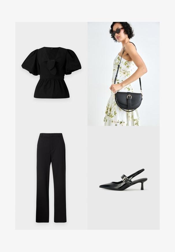 Black cotton blouse featuring a V-neck, puff sleeves, and a tie accent at the waist. The bodice is gathered for a peplum shape.; Black tailored trousers, straight leg design, smooth fabric with subtle texture, featuring a standard waistband and no visible pockets.; Black patent leather slingback heels with a pointed toe and a small block heel, featuring a silver buckle accent on the strap.; Black leather handbag with a curved shape, detachable strap, and gold hardware. The bag features a flap with a buckle detail.