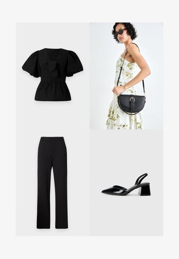 Bluză neagră din bumbac cu decolteu în V, mâneci tip puff și accent cu funda în talie. Bustul este adunat pentru un aspect peplum.; Pantaloni negri, croiți pe măsură, cu design drept, dintr-un material fin cu o textură subtilă, având un talie standard și fără buzunare vizibile.; Pantofi cu toc slingback din piele lacuită neagră, cu vârf ascuțit și toc geometric. Prezintă un design elegant, minimalist și o textură netedă.; Geantă din piele neagră, cu o formă curbată, curea detașabilă și accesorii aurii. Geanta are un capac cu un detaliu tip cataramă.