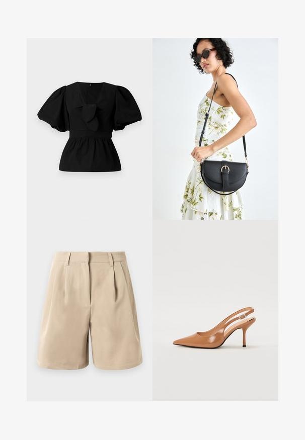 Black cotton blouse featuring a V-neck, puff sleeves, and a tie accent at the waist. The bodice is gathered for a peplum shape.; Beige high-waist tailored shorts with belt loops, front pleats, and a concealed front fastening against a white background.; Pointed toe slingback heel in a smooth, glossy tan material. Features a curved cutout design and a slender stiletto heel. Silver buckle detail.; Black leather handbag with a curved shape, detachable strap, and gold hardware. The bag features a flap with a buckle detail.