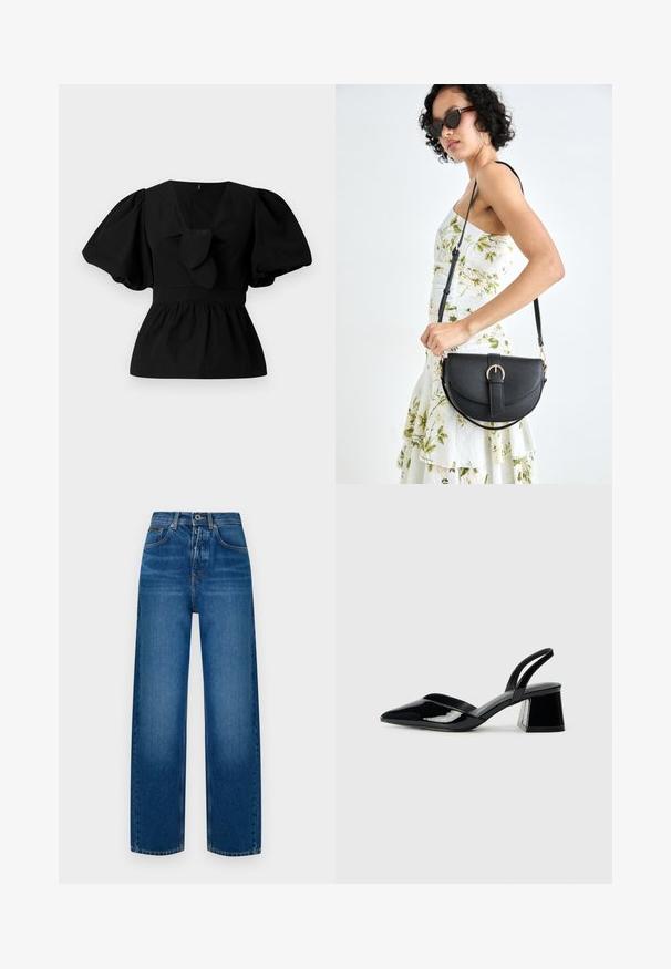 Blusa de algodão preta com decote em V, mangas bufantes e um detalhe atado na cintura. O corpete é pregueado para criar uma forma de peplum.; Jeans de denim de perna larga em azul desbotado. Apresentam um fecho de botão, design clássico de cinco bolsos e um acabamento suave e texturizado.; Sandy em verniz preto com salto slingback, ponta afilada e salto geométrico. Apresenta um design elegante e minimalista com textura suave.; Bolsa de couro preta com forma curva, alça destacável e detalhes em dourado. A bolsa possui uma aba com detalhe de fivela.