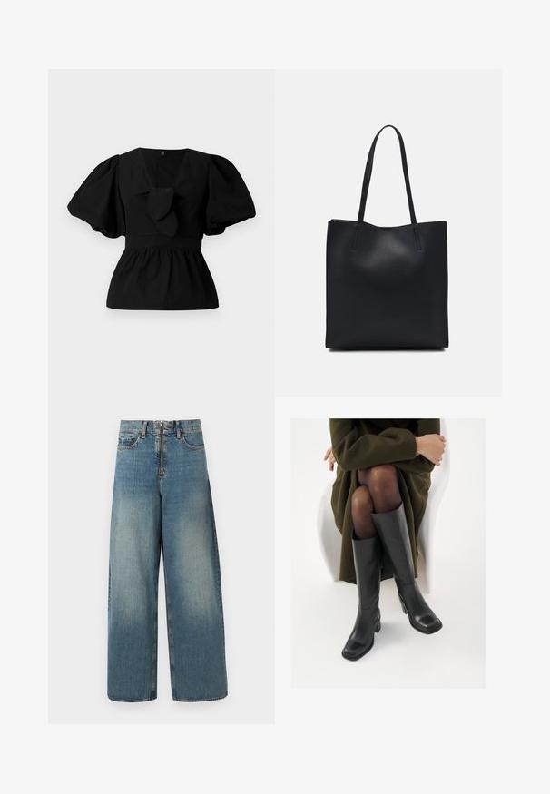 Blusa de algodón negra con escote en V, mangas abullonadas y un lazo en la cintura. El pecho está fruncido para dar forma de peplum.; Jeans de mezclilla de pierna ancha en un lavado azul claro. Presentan una cremallera con cierre de botón y un ligero desvanecimiento para un aspecto desgastado.; Botas de cuero negro hasta la rodilla con puntera cuadrada y tacón de bloque, presentadas con un modelo sentado en un abrigo verde oliva. Textura suave, mínimo detalle.; Bolso tote de cuero negro con textura lisa, forma rectangular y dos asas largas. Sin herrajes ni adornos visibles.