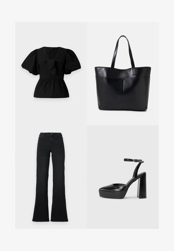 Black cotton blouse featuring a V-neck, puff sleeves, and a tie accent at the waist. The bodice is gathered for a peplum shape.; Black high-waist flared jeans with front pockets, belt loops, and button closure against a white background.; Black platform heels with a pointed toe and adjustable ankle strap. Constructed from smooth leather, featuring a chunky block heel.; Black leather tote bag with two long handles, a smooth texture, and a structured shape. Features a front pocket for additional storage.