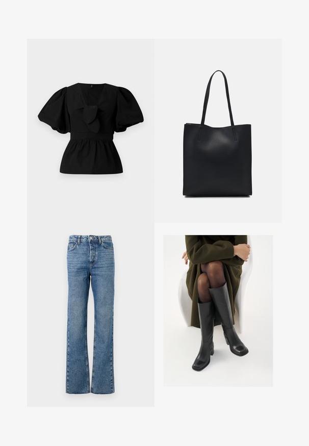 Blusa de algodão preta com decote em V, mangas bufantes e um detalhe atado na cintura. O corpete é pregueado para criar uma forma de peplum.; Jeans azuis alargados feitos de denim. Apresentam cinco bolsos, fecho com botão e zipper, com um padrão desbotado nas pernas e um corte reto.; Botas de couro pretas até ao joelho com biqueira quadrada e salto em bloco, apresentadas com um modelo sentado num casaco verde-azeitona. Textura lisa, com detalhes mínimos.; Bolsa tote preta em couro com textura lisa, forma retangular e duas alças longas. Sem hardware ou enfeites visíveis.