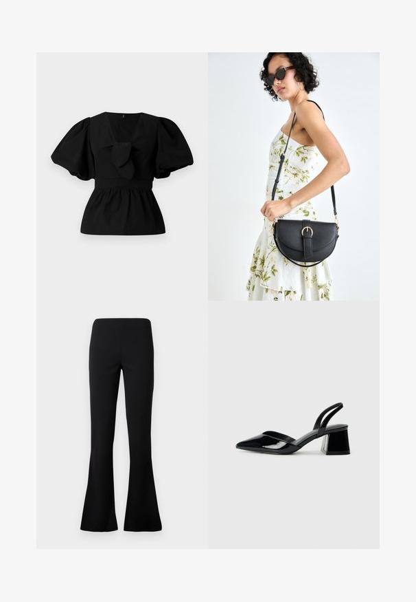 Černá bavlněná blůza se V-výstřihem, balónovými rukávy a ozdobným vázáním v oblasti pasu. Hrudník je nařasený, což vytváří peplum tvar.; Černé kalhoty s vysokým pasem, úzkým vrškem a rozšířenými nohavicemi, vystavené na čistém bílém pozadí.; Černé lakované kožené lodičky na pásku s špičatou špičkou a geometrickým blokovým podpatkem. Vyznačují se elegantním, minimalistickým designem a hladkým povrchem.; Černá kožená kabelka s křivkovým tvarem, odnímatelným popruhem a zlatými detaily. Kabelka má klopu s přezkou.