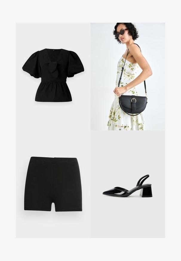 Blusa nera in cotone con scollatura a V, maniche a sbuffo e dettaglio con fiocco in vita. Il busto è arricciato per una forma a peplo.; Pantaloni corti neri in cotone con un design aderente e cintura elastica. Texture liscia, lunghezza a metà coscia e senza modelli o dettagli visibili.; Décolleté in vernice nera con punta affusolata e tacco in geometria cubica. Presentano un design elegante e minimalista, con una texture liscia.; Borsa a tracolla nera in pelle con una forma curva, manico rimovibile e accessori dorati. La borsa presenta una patta con un dettaglio a fibbia.