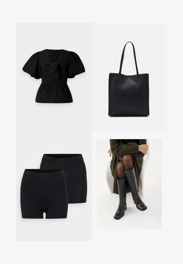 Blusa de algodão preta com decote em V, mangas bufantes e um detalhe atado na cintura. O corpete é pregueado para criar uma forma de peplum.; Dois pares de calções pretos de algodão com uma textura suave, apresentando uma cintura simples e sem costuras e um design de comprimento até a meio da coxa.; Botas de couro pretas até ao joelho com biqueira quadrada e salto em bloco, apresentadas com um modelo sentado num casaco verde-azeitona. Textura lisa, com detalhes mínimos.; Bolsa tote preta em couro com textura lisa, forma retangular e duas alças longas. Sem hardware ou enfeites visíveis.
