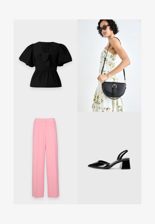Blouse en coton noir avec un col en V, des manches bouffantes et un détail à nouer à la taille. Le corsage est froncé pour une forme peplum.; Pantalons larges roses en tissu lisse, avec une taille haute, un devant plissé et sans poches ni embellissements visibles.; Escarpins en cuir verni noir avec bout pointu et talon bloc géométrique. Présente un design élégant et minimaliste ainsi qu'une texture lisse.; Sac à main en cuir noir avec une forme courbée, bandoulière amovible et des accessoires en or. Le sac est doté d'un rabat avec un détail de boucle.