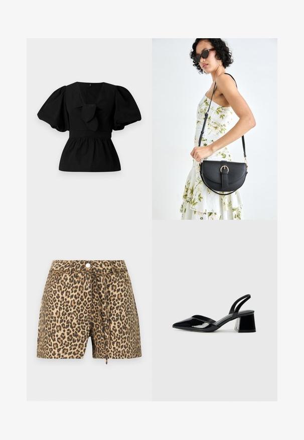 Fekete pamut blúz V nyakkivágással, puffos ujjakkal és derékon megkötős díszítéssel. A felső rész ráncolt a peplum forma érdekében.; Leopárdmintás sort bézs és barna színvilágban, gombos záródással, övhurkokkal és laza szabással.; Fekete lakk bőr szandálkés magas sarkú cipő, hegyes orral és geometrikus tömbsarkakkal. Karcsú, minimalista dizájn és sima textúra jellemzi.; Fekete bőrtáska ívelt formával, levehető pánttal és arany színű fémrészekkel. A táskán egy csattal díszített fedél található.