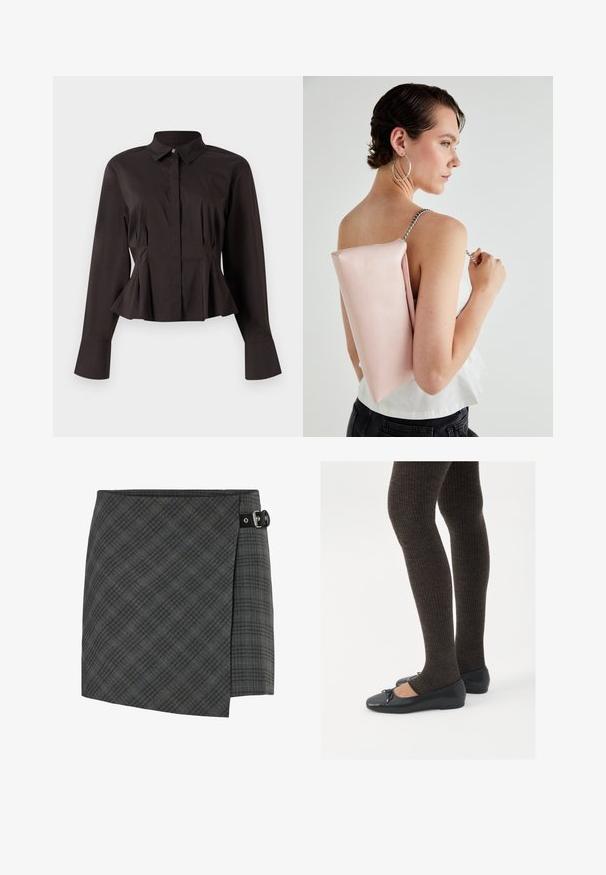Bluză feminină neagră cu mâneci lungi, guler ascuțit, nasturi ascunși în față, talie ajustată și tiv și manșete evazate.; Fustă din lână gri închis cu carouri, cu detalii cu cataramă neagră pe partea dreaptă, tiv drept și un model subtil de linii diagonale.; Pantofi negri cu un detaliu mic de fundiță la vârf, asortați cu colanți maro închis, cu textură ondulată. Pantofii au o textură netedă și un profil joase.; Geantă din piele roz cu o formă rectangulară, curea din lanț argintiu și textură netedă, purtată pe spate. Design simplu, fără modele vizibile.