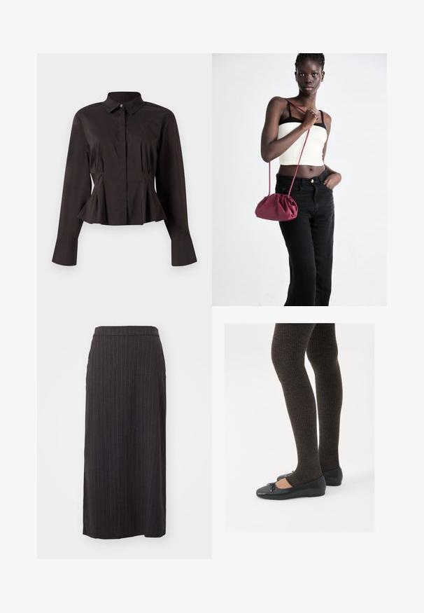 Černá dámská halenka s dlouhým rukávem, špičatým límcem, skrytými předními knoflíky, přiléhavým pasem a zvonovými lemy na rukávech a spodním okraji.; Černá pruhovaná midi sukně se rovnou siluetou, hladkou texturou a páskem v pase. Obsahuje také detail bočního rozparku.; Černé ploché boty s malou mašlí na špičce, kombinované s tmavě hnědými žebrovanými punčochami. Boty mají hladký povrch a nízký profil.; Burgundská měkká taška s nabíraným designem a dlouhým popruhem, nošená přes tělo. Model má na sobě bílý crop top a černé džíny.