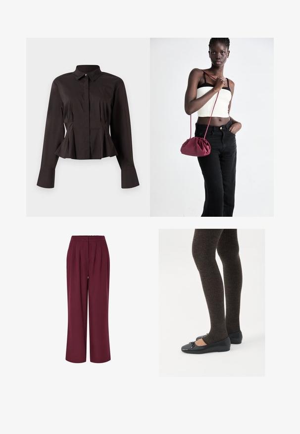 Black long-sleeve women's blouse with a pointed collar, hidden front buttons, fitted waist, and flared hem and cuffs.; Wide-leg trousers in burgundy fabric, featuring front pleats and an elastic waistband. Smooth texture, full-length design.; Black flat shoes with a small bow detail at the toe, paired with dark brown ribbed tights. Shoes have a smooth texture and low profile.; Burgundy soft fabric handbag with a gathered design and a long strap, worn crossbody. Model wears a white crop top and black jeans.